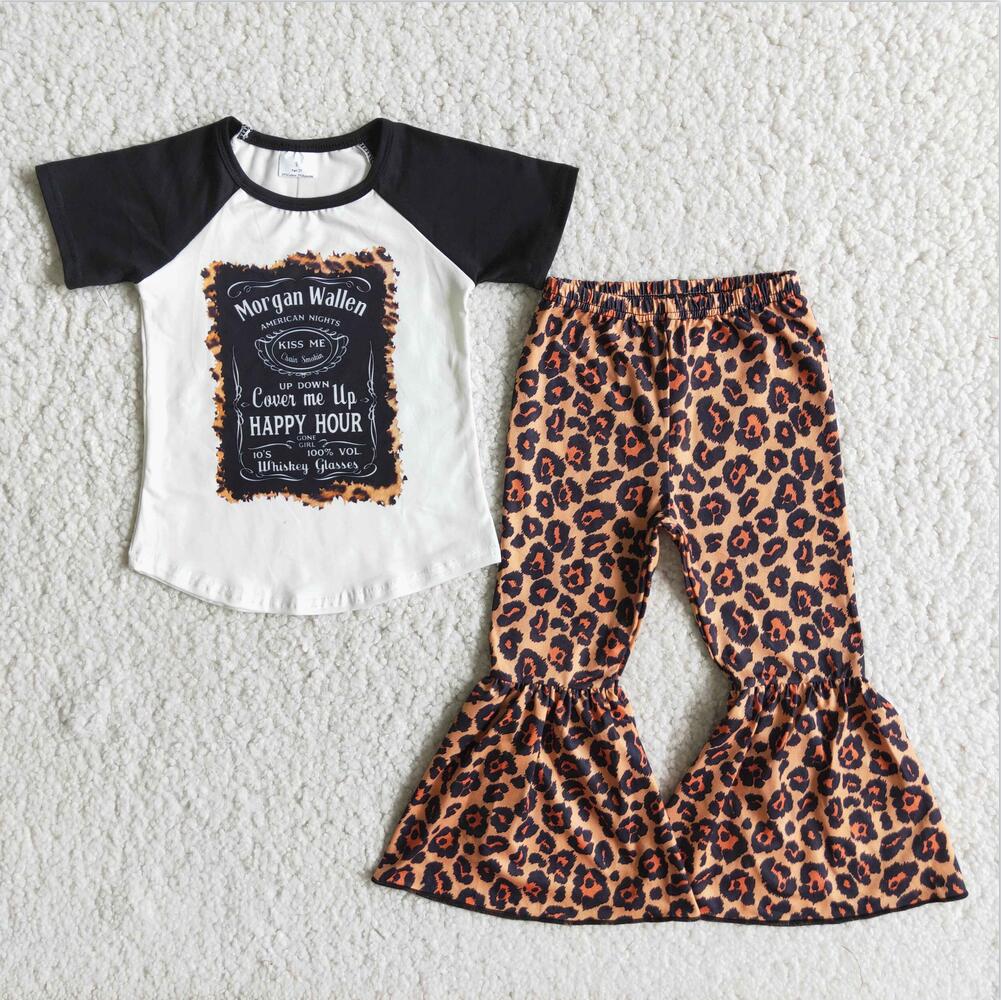 E2-20  Boy Singer Leopard 2pcs Short sleeve ruffle Sets Boutique Clothes