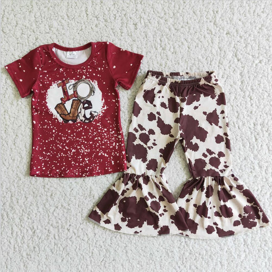 E2-3 Cow Pattern 2pcs Short sleeve ruffle Sets Boutique Clothes