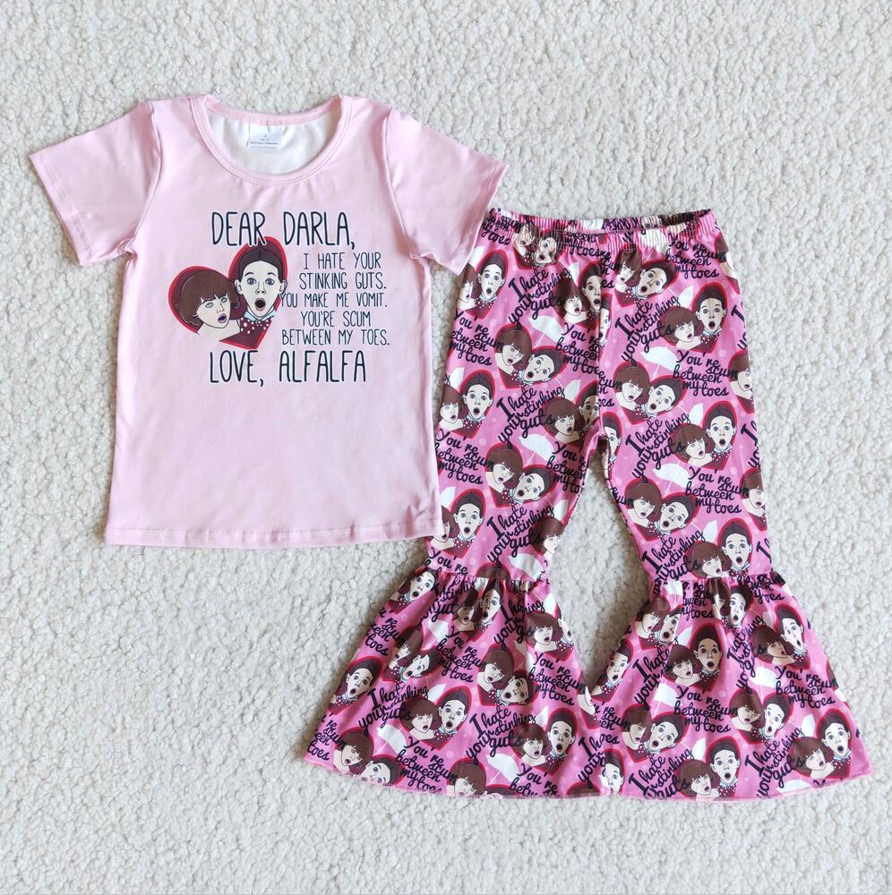 E5-15 Pink Girl Pattern 2pcs Short sleeve ruffle Sets Boutique kid outfit