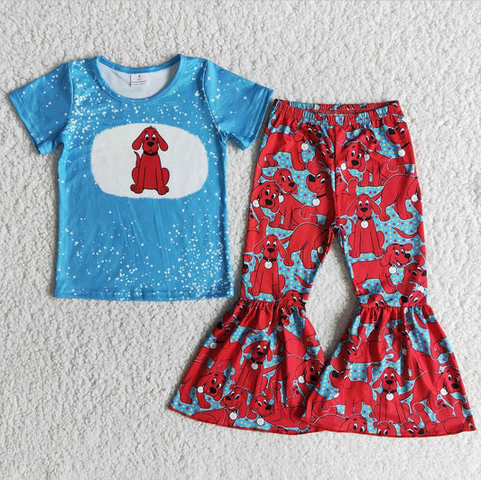 E5-16  Red Dog Girl Pattern 2pcs Short sleeve ruffle Sets Boutique kid outfit