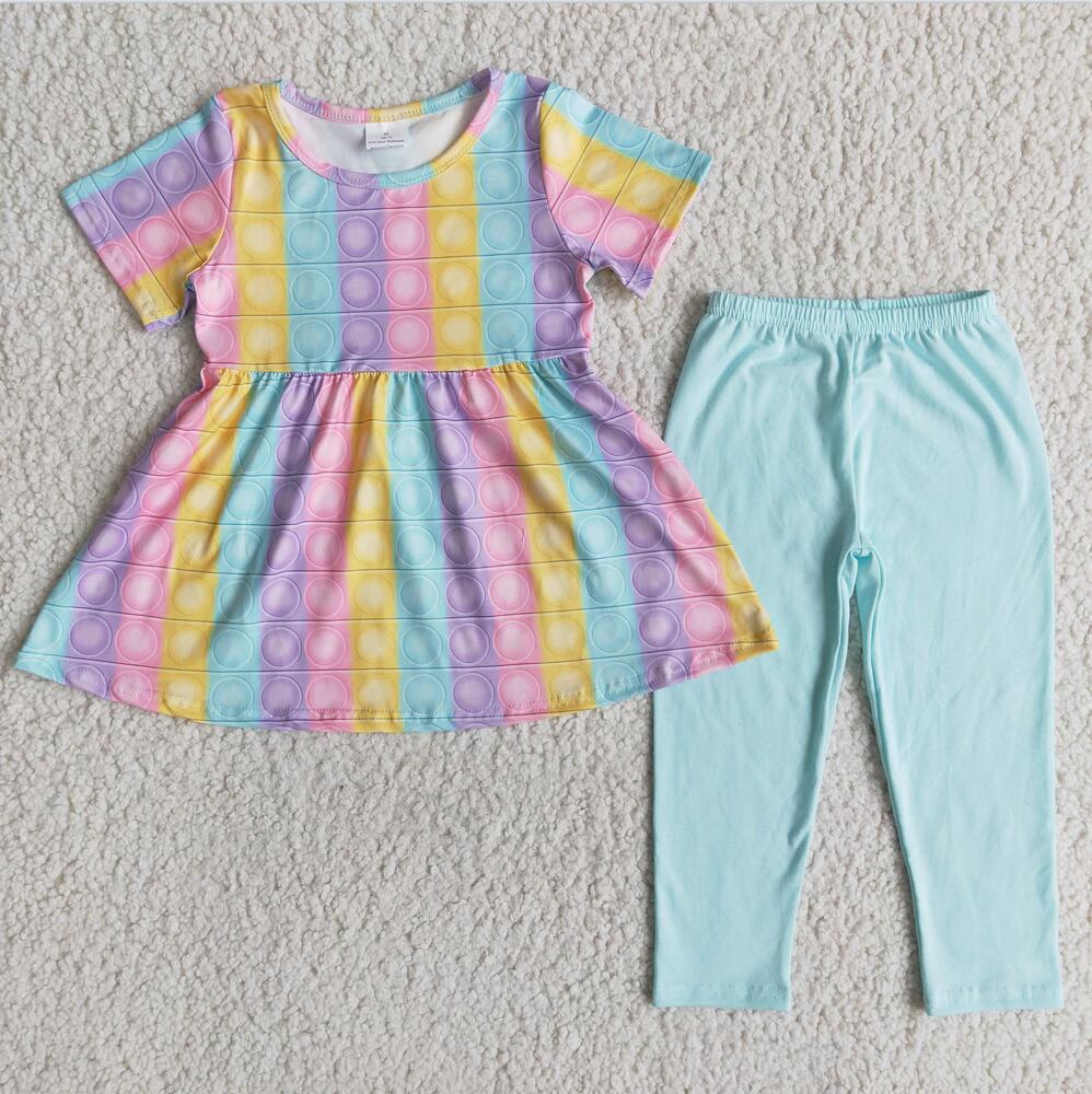 E6-2  Colorful Girl 2pcs Short sleeve ruffle Sets Boutique kid outfit