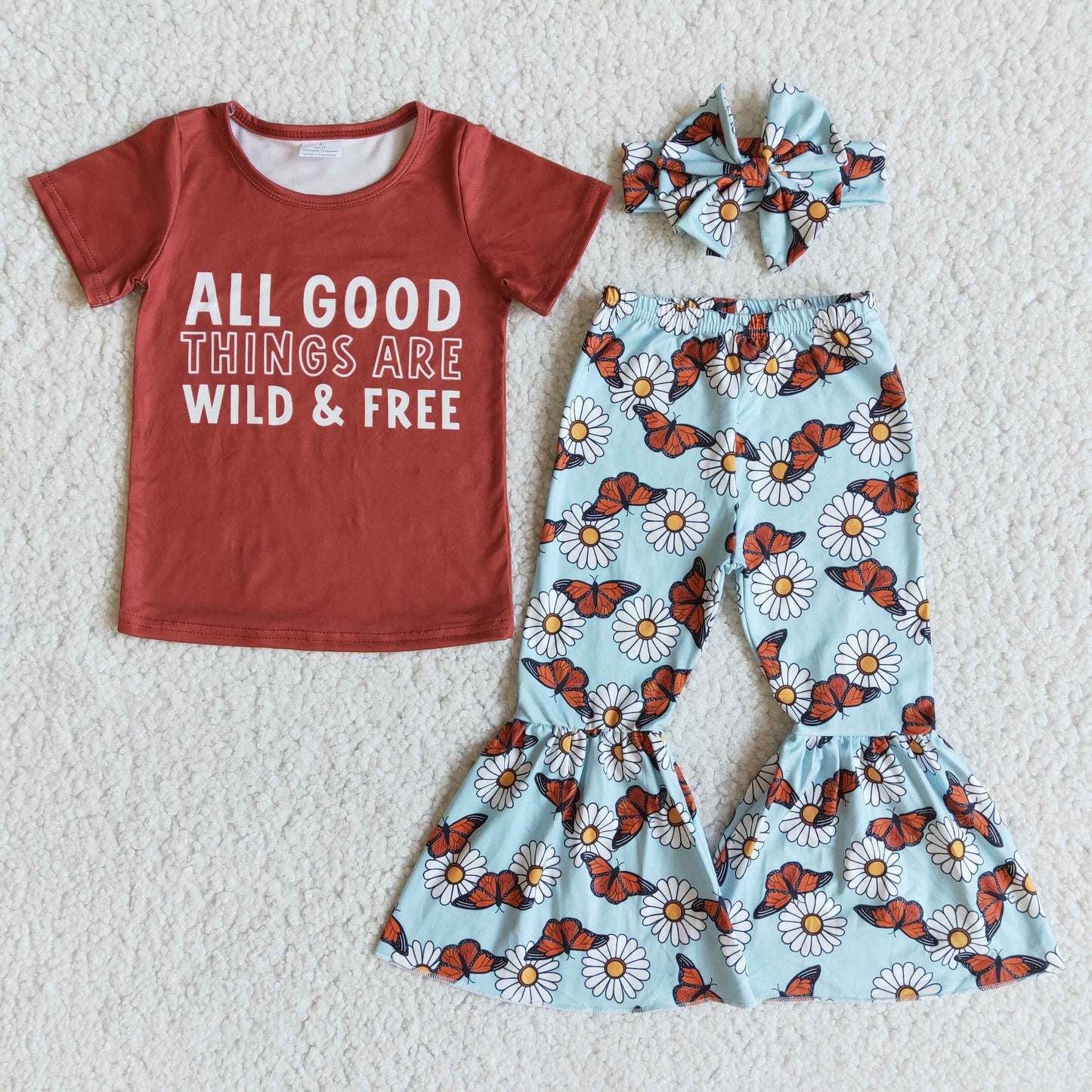 RTS NO MOQ Baby Girls Summer Sets E7-28 All Good Things Are Wild Free Floral Bell Bottom Pants Sets