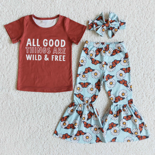 RTS NO MOQ Baby Girls Summer Sets E7-28 All Good Things Are Wild Free Floral Bell Bottom Pants Sets