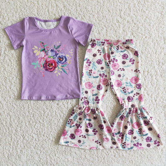 E7-3 Purple Floral Summer 2pcs Short sleeve pant Sets