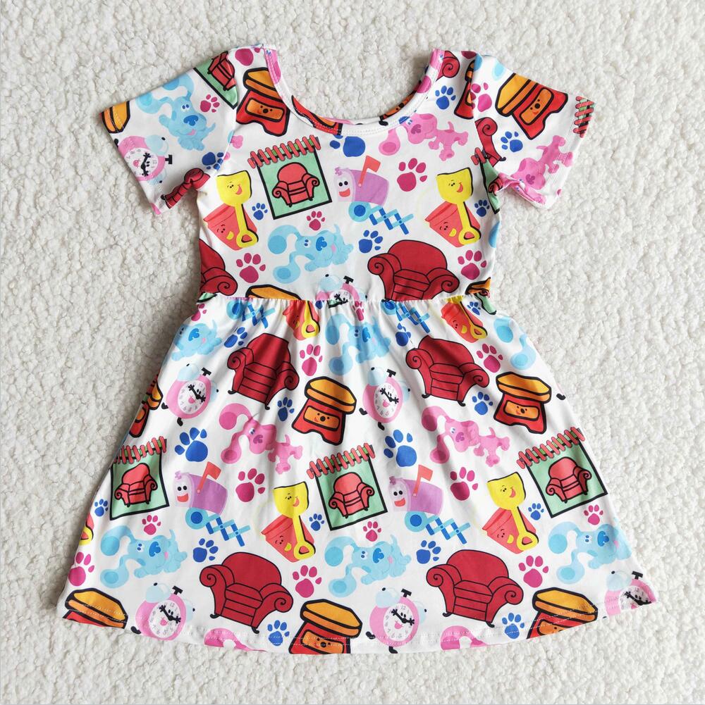 E7-5 Cute Girl Short Sleeve Dog Party Wear Tunic Dress