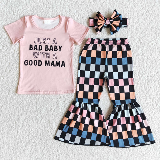 RTS NO MOQ Baby Girls Summer Sets E8-28 Just a bad baby with a good mama Pink Top plaid pants