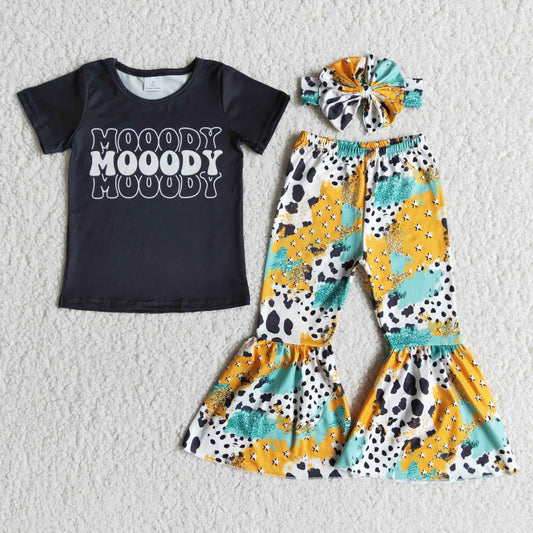 E8-3 Mooody Cow Pattern Girl Summer Shorts Sleeve Sets Kid Clothing