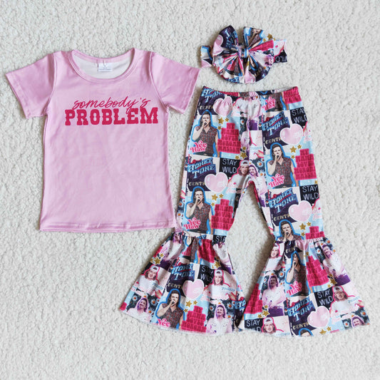 RTS NO MOQ Baby Girls Summer Sets E8-4 Somebody's Problem Pink Shirt Bell Bottom Pants Sets