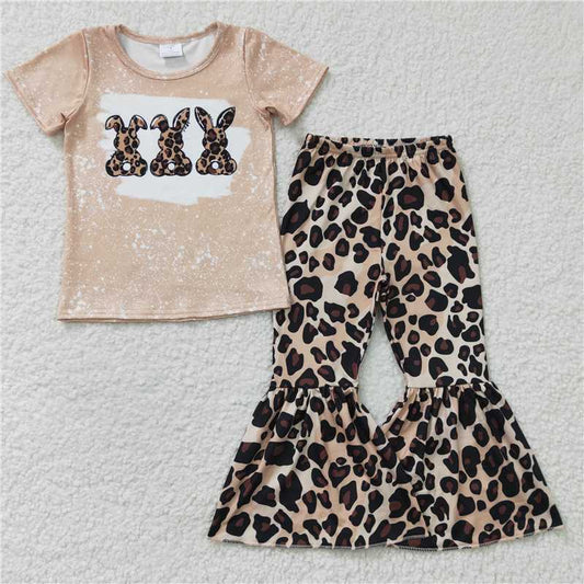 GSPO0245 Easter Girls Leopard Bunny Bell Bottom Pants Set