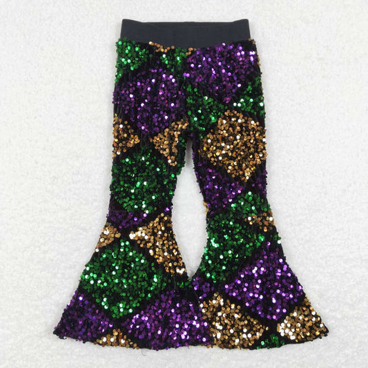 RTS Baby Girls Kids Mardi Gras Plaid Sequins With Lining Bell Pants