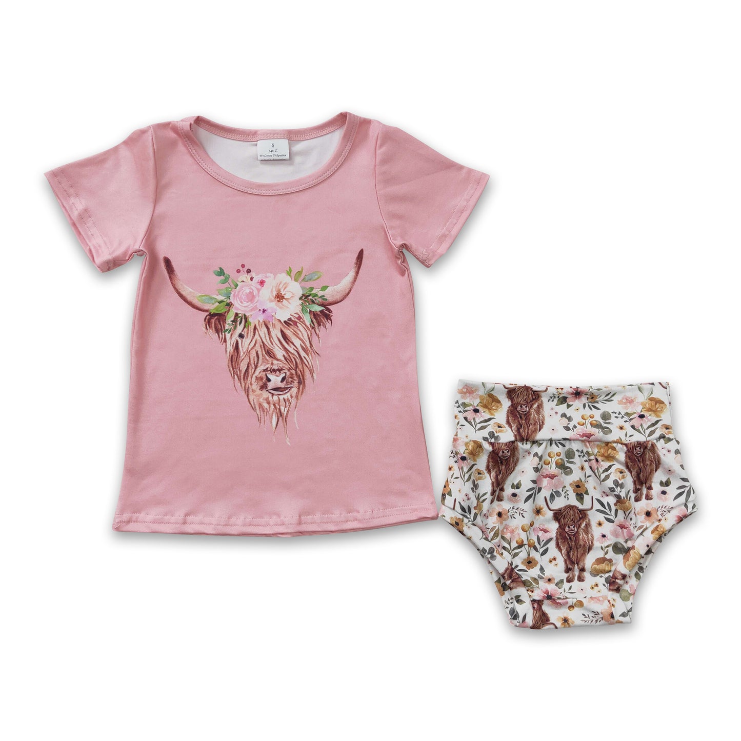 7.19 RTS NO MOQ Baby Girls Summer Outifts GBO0074 Pink Highland Cow Western Bummie Sets