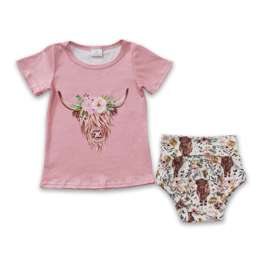 7.19 RTS NO MOQ Baby Girls Summer Outifts GBO0074 Pink Highland Cow Western Bummie Sets