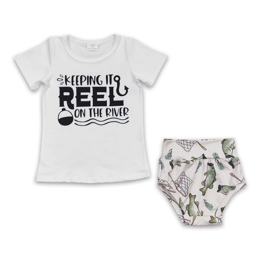 6.7 RTS NO MOQ Baby Girls Summer Outifts GBO0087 White Tops Fishing Bummie Sets