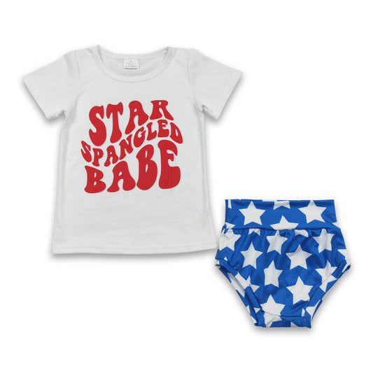 6.7 RTS NO MOQ Baby Girls Summer Outifts GBO0101 Star Babe Blue Color Bummie Sets