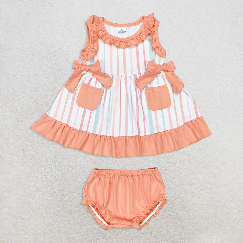 6.16 RTS NO MOQ Baby Girls Summer Outifts GBO0293 Orange Stripes Sleeveless Top Summer Bummies Clothes Sets