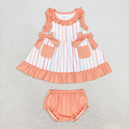 6.16 RTS NO MOQ Baby Girls Summer Outifts GBO0293 Orange Stripes Sleeveless Top Summer Bummies Clothes Sets