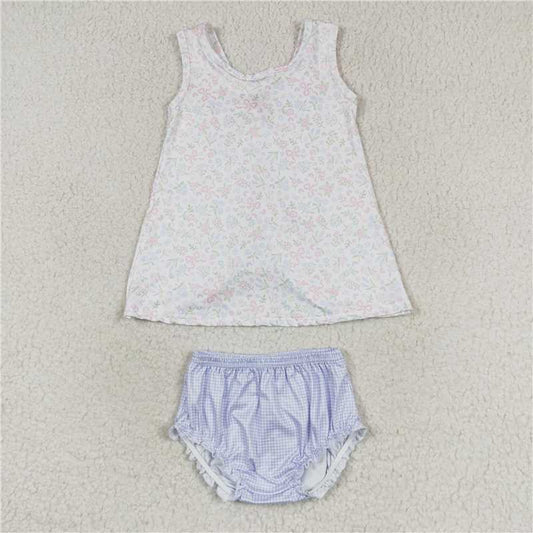 RTS NO MOQ Baby Girls Summer Outifts Bows Flowers Sleeveless Tunic Top Bummies Clothes Sets
