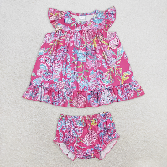 RTS NO MOQ Baby Girls Summer Outifts GBO0344 Pink Shells Tunic Top Bummies Clothes Sets