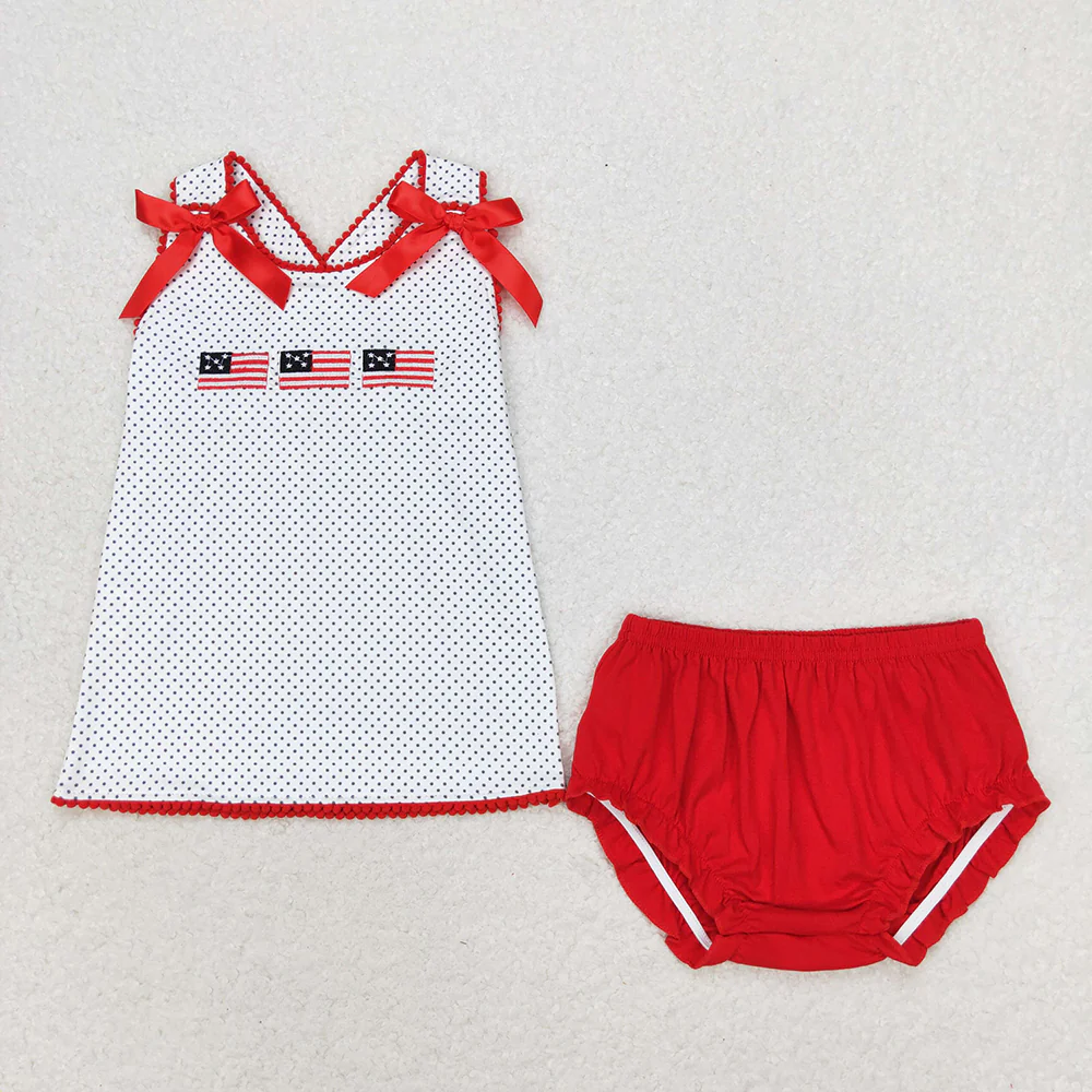 RTS NO MOQ Summer Sibling Baby Girls 4th Of July Flags Top Bummie Shorts Outfits