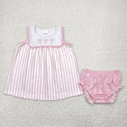 RTS NO MOQ Baby Girls Summer Outifts GBO0476 Embroidery Baby Girls Pink Sleeveless Bows Tunic Bummies Sets