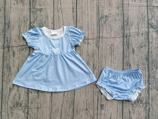( No moq ) Preorder Baby Girls Short Sleeves Embroidery Bows Stripes Tops Bummie Shorts Set