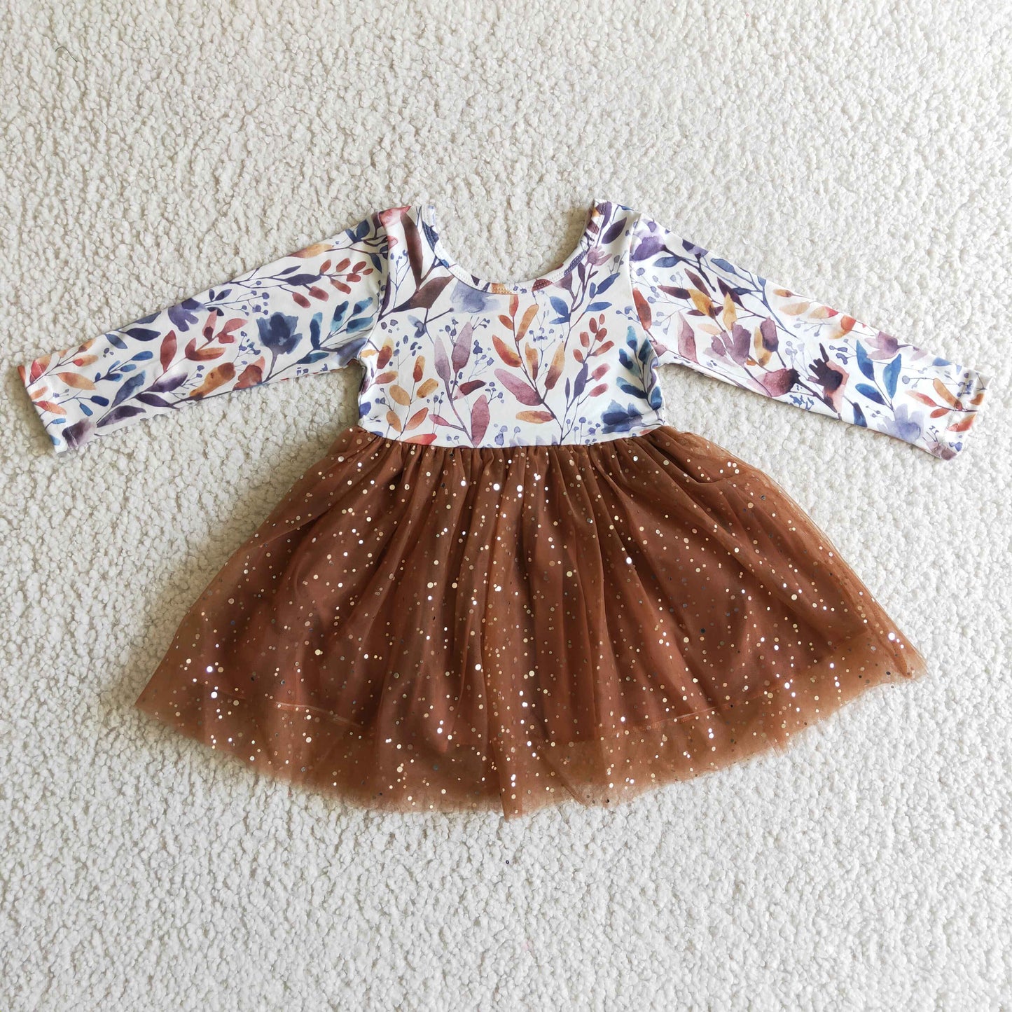 GLD0100 Brown Tulle Children Clothing Kid Summer Boutique Dresses