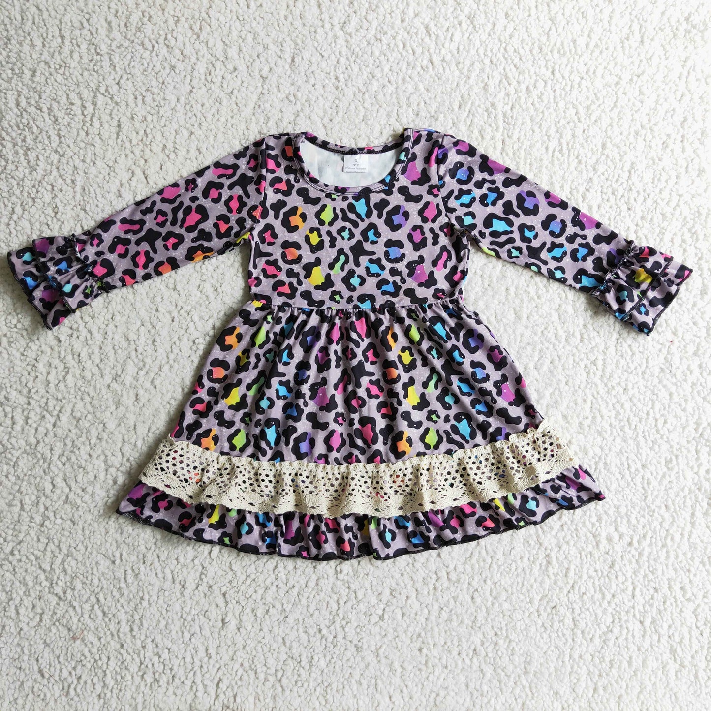 GLD0148  Colorful Leopard Girl Summer Long Sleeve Clothing Girls Dresses