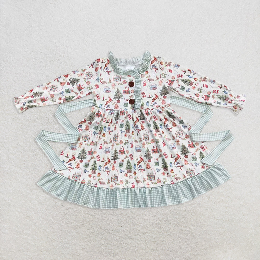 6.23 RTS NO MOQ Baby Girls Long Sleeve GLD0325 Christmas Present Belt Ruffle Knee Length Dresses
