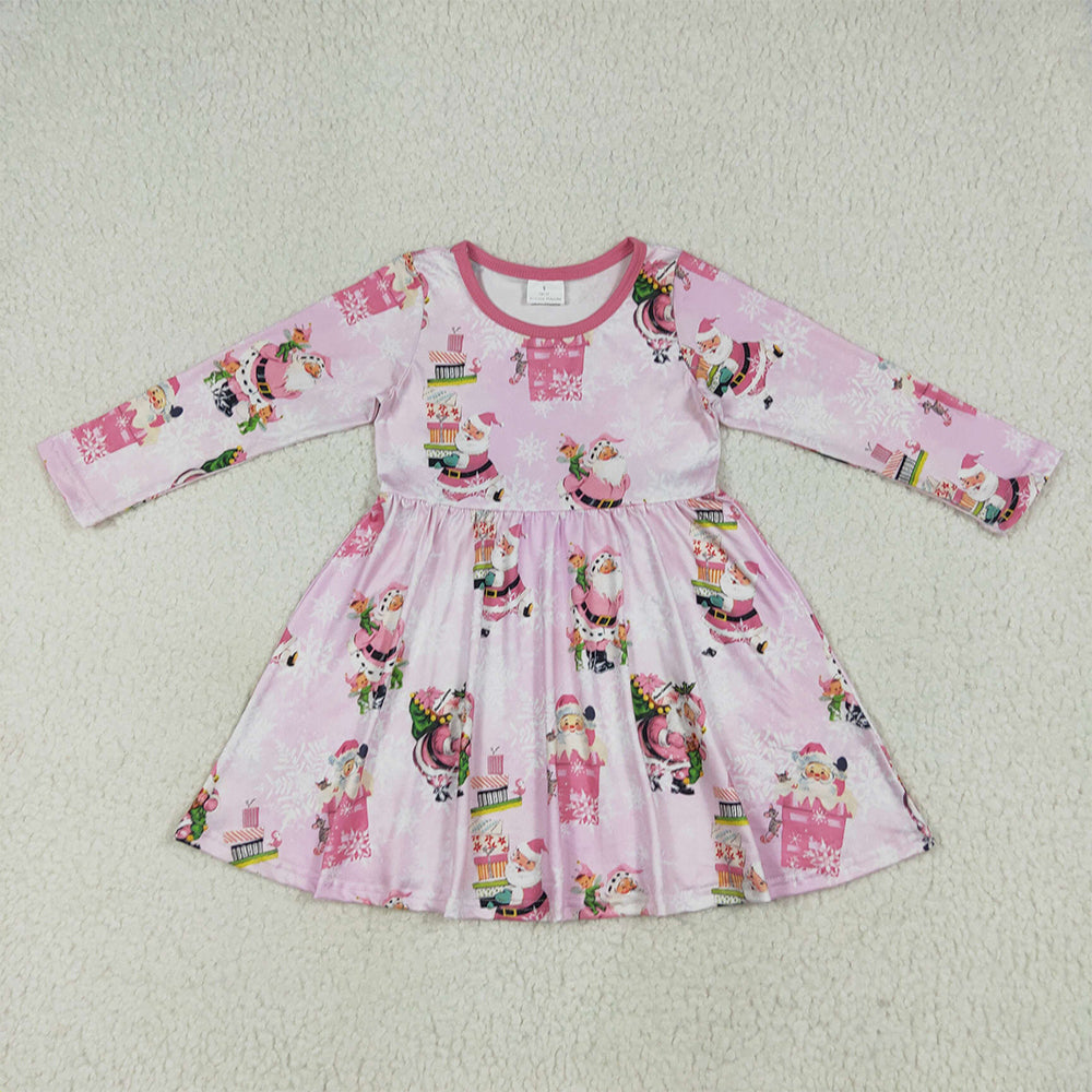 7.4 RTS NO MOQ Baby Girls Long Sleeve GLD0354 Christmas Pink Santa Present Knee Length Dresses