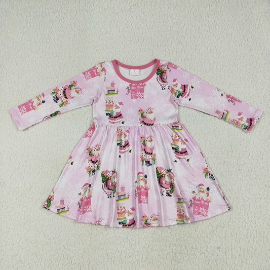 7.4 RTS NO MOQ Baby Girls Long Sleeve GLD0354 Christmas Pink Santa Present Knee Length Dresses