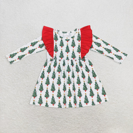 6.23 RTS NO MOQ Baby Girls Long Sleeve GLD0377 Christmas Tree Ruffle Long SleeveKnee Length Dresses