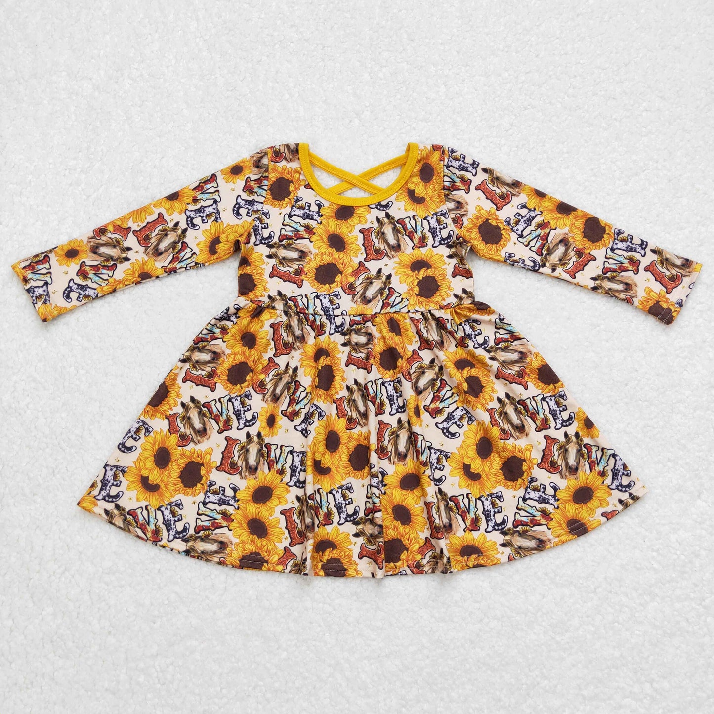 GLD0393 Sunflower Cute Girl Summer Long Sleeve Clothing Girls Dresses