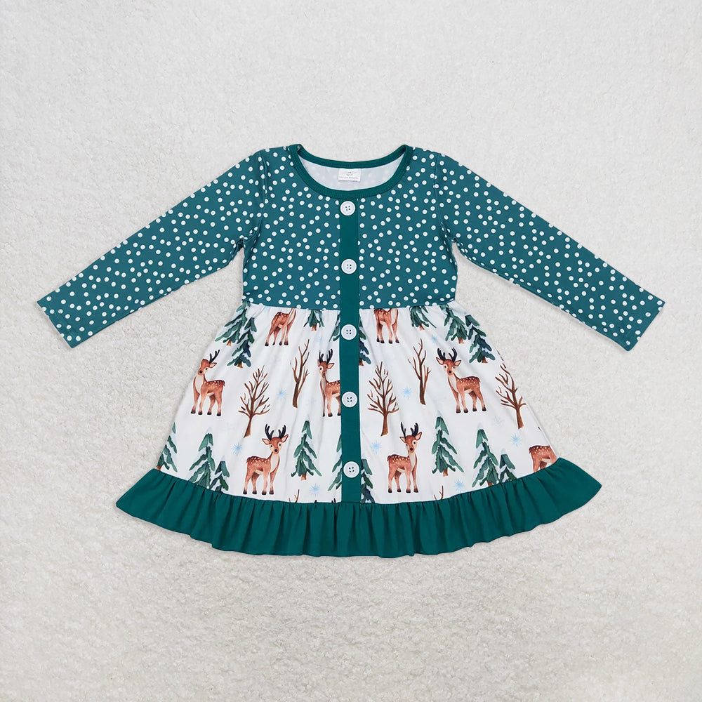 6.18 RTS NO MOQ Baby Girls Long Sleeve GLD0429 Christmas Tree Deer Long Sleeve Ruffle Dresses