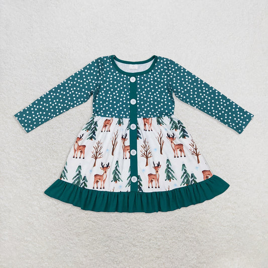 6.18 RTS NO MOQ Baby Girls Long Sleeve GLD0429 Christmas Tree Deer Long Sleeve Ruffle Dresses