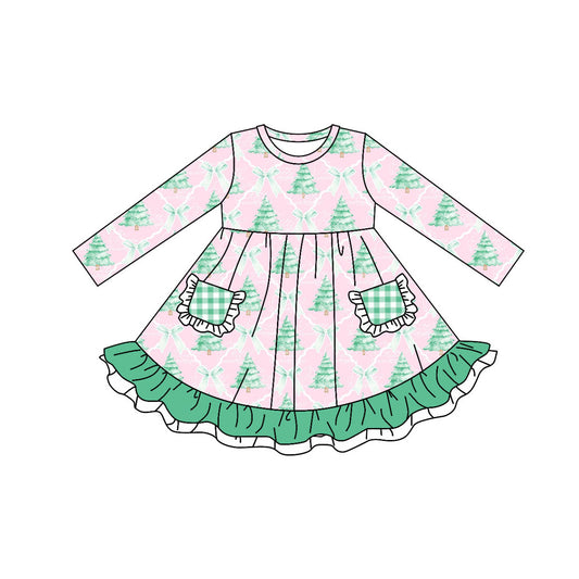 GLD0525 Christmas Tree Girl Summer Design Long Sleeve Children Dresses