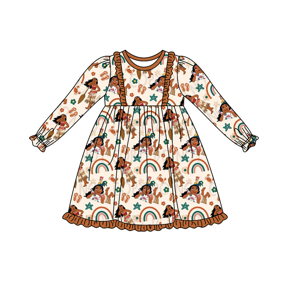 GLD0536 Brown Cute Girl Summer Design Long Sleeve Children Dresses