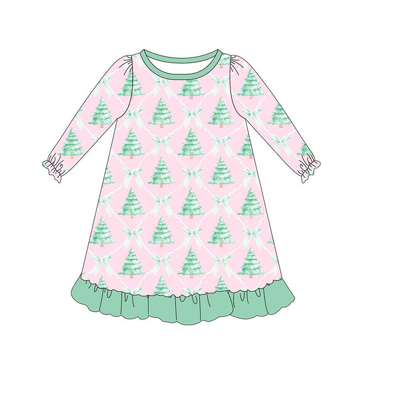 GLD0538 Christmas Tree  Cute Girl Summer Design Long Sleeve Children Dresses