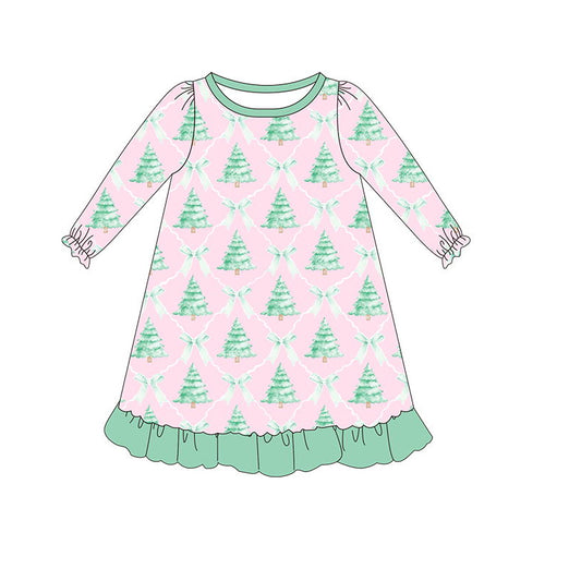 GLD0538 Christmas Tree  Cute Girl Summer Design Long Sleeve Children Dresses