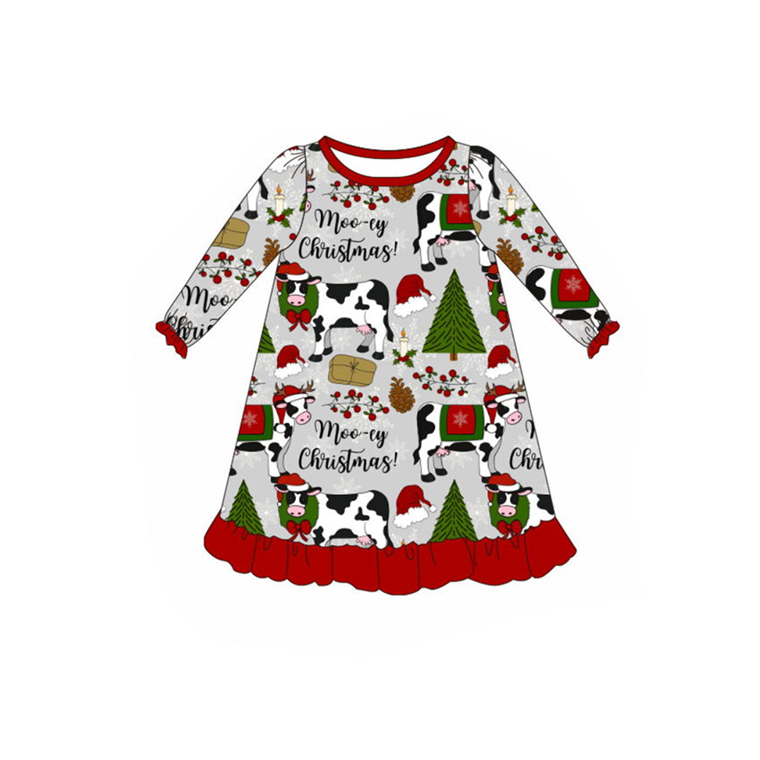 GLD0539 Cow Cute Girl Summer Design Long Sleeve Children Dresses