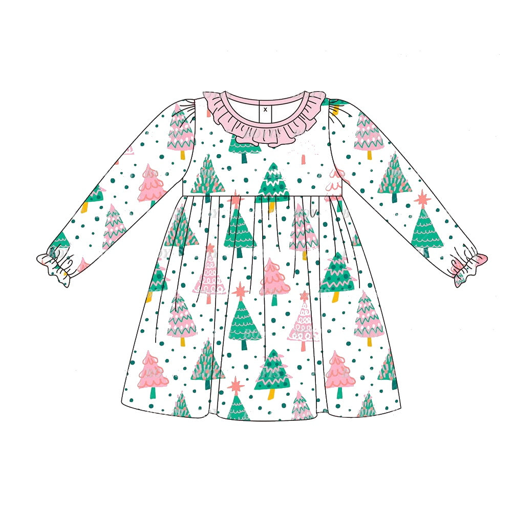 GLD0540 Christmas Tree Cute Girl Summer Design Long Sleeve Children Dresses