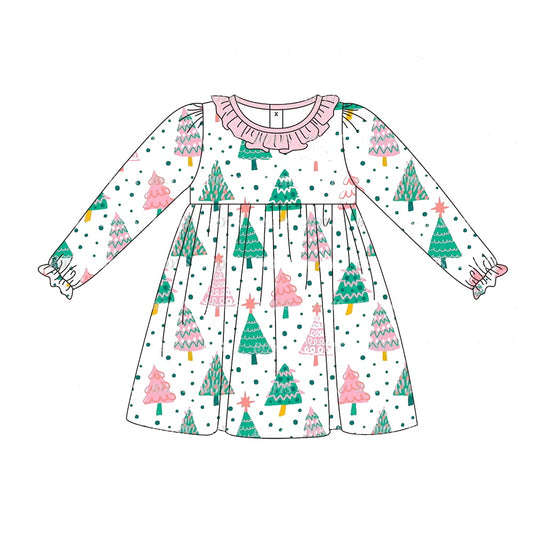 GLD0540 Christmas Tree Cute Girl Summer Design Long Sleeve Children Dresses