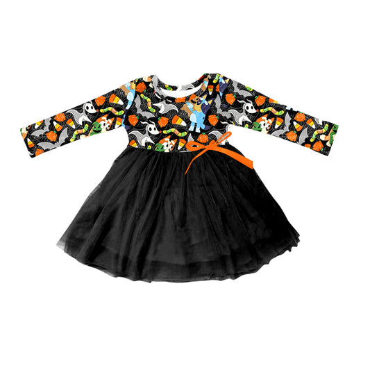 GLD0542 Black Dog Cute Girl Summer Design Long Sleeve Children Dresses