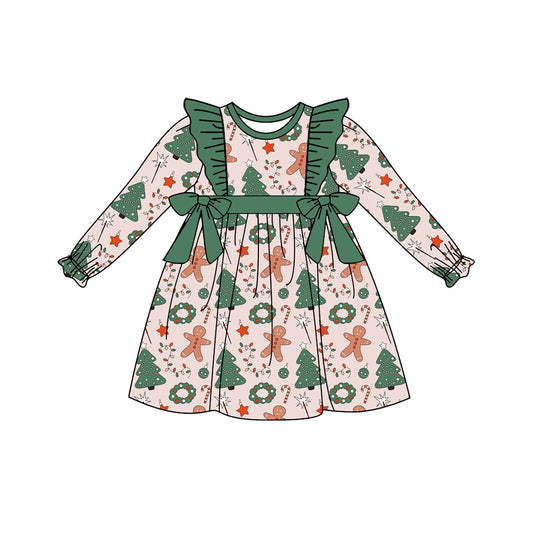 GLD0554 Green Santa Cute Girl Summer Design Long Sleeve Children Dresses