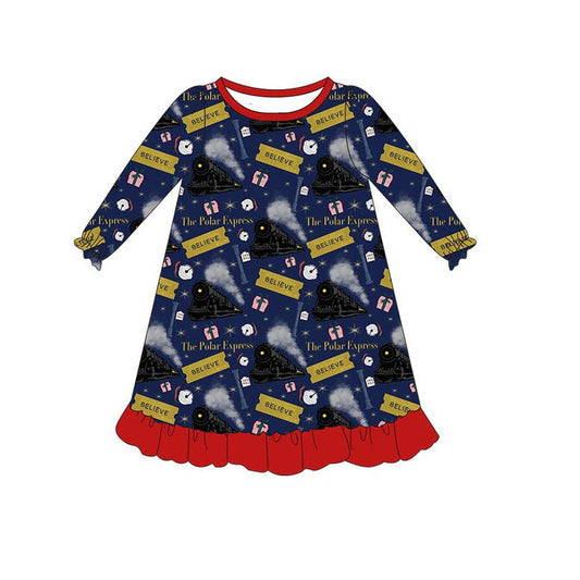 GLD0560 Navy Blue Cute Girl Summer Design Long Sleeve Children Dresses