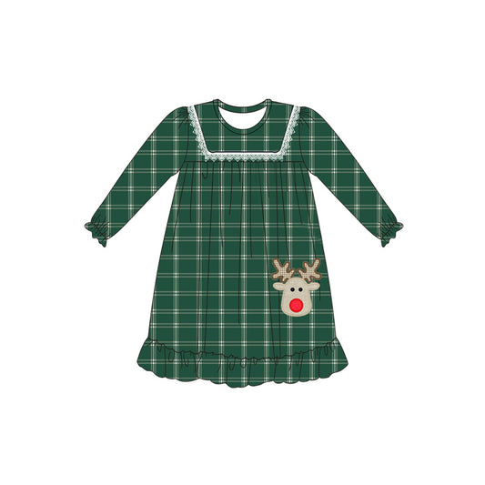 GLD0561 Green Deer Cute Girl Summer Design Long Sleeve Children Dresses