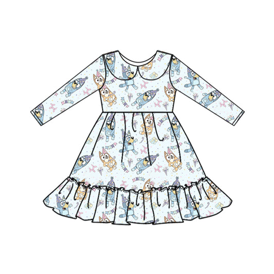 GLD0580 Blue Long Sleeve Cute Girl Fall Winter Design Short Sleeve Children Dresses