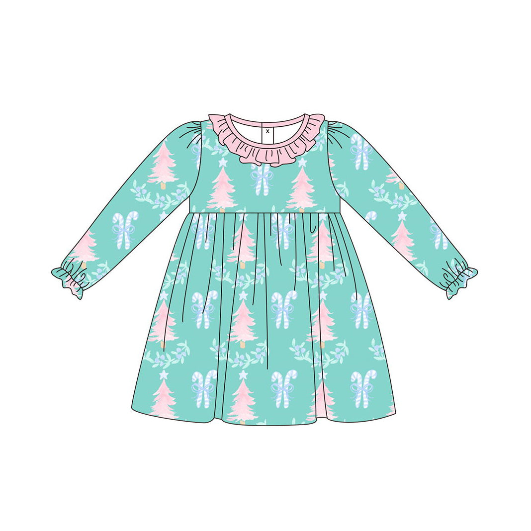 GLD0586 Sky Blue Long Sleeve Cute Girl Fall Winter Design Short Sleeve Children Dresses