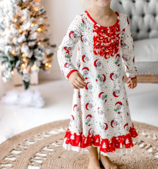 GLD0586 Red Santa Long Sleeve Cute Girl Fall Winter Design Short Sleeve Children Dresses