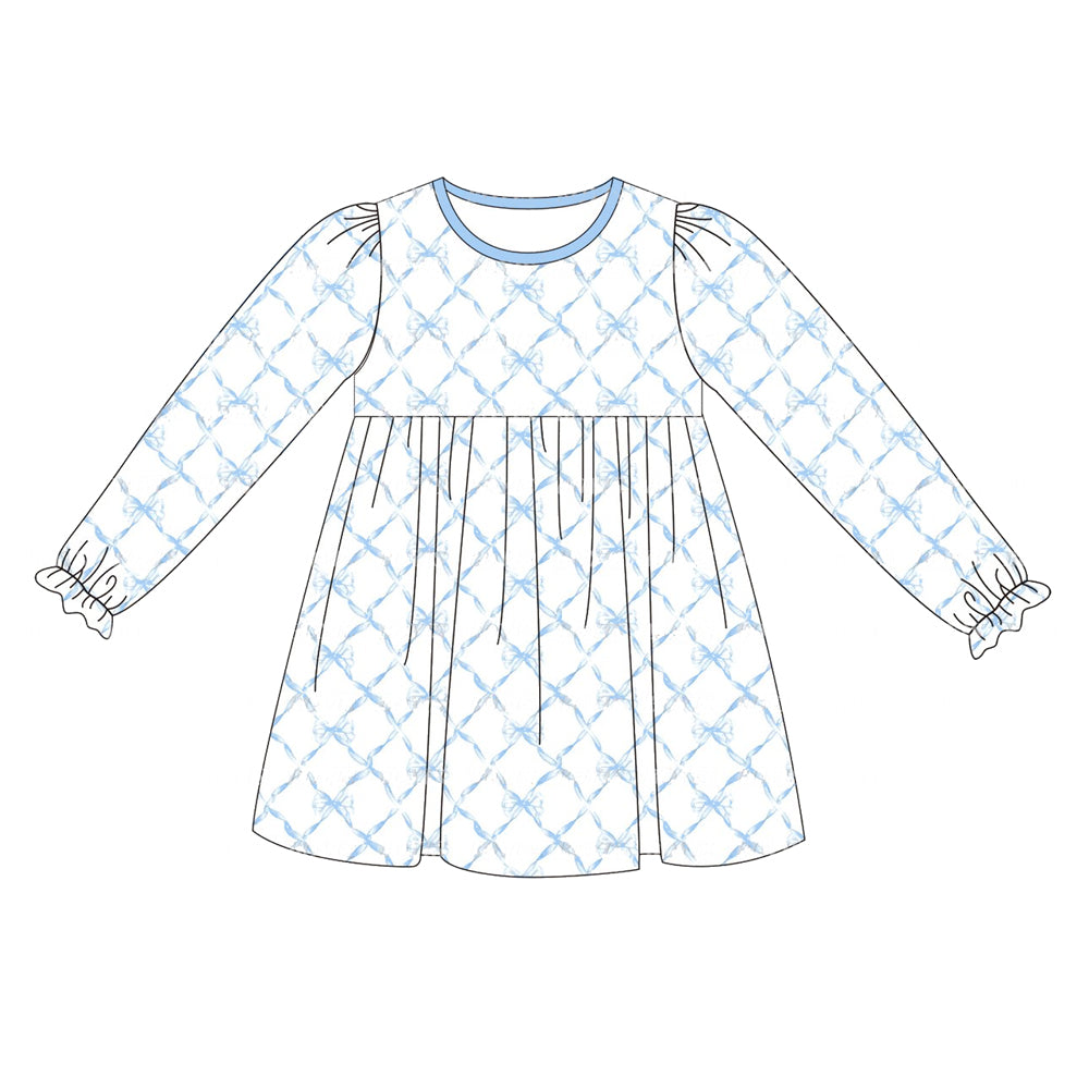 GLD0602 Blue Long Sleeve Cute Girl Fall Winter Design Short Sleeve Children Dresses