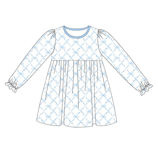 GLD0602 Blue Long Sleeve Cute Girl Fall Winter Design Short Sleeve Children Dresses